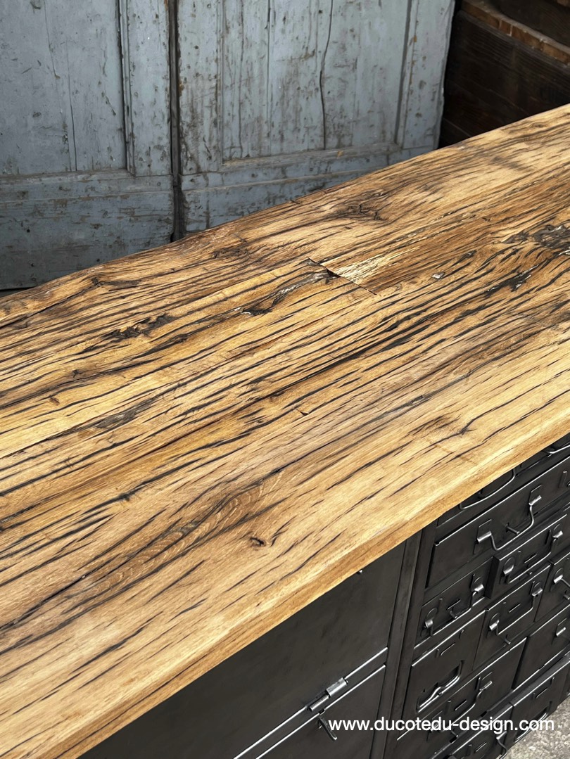 enfilade industrielle 6 compartiments 18 tiroirs atelier militaire plateau vieux chene massif – Image 14