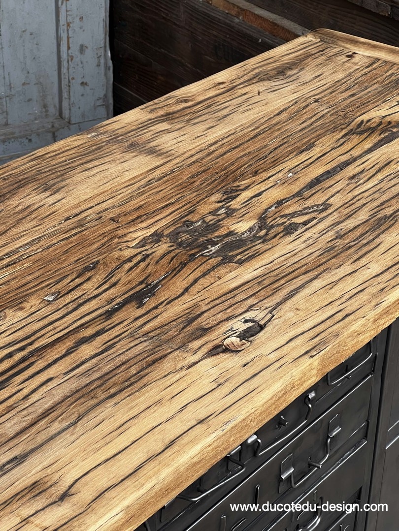 enfilade industrielle 6 compartiments 18 tiroirs atelier militaire plateau vieux chene massif – Image 15