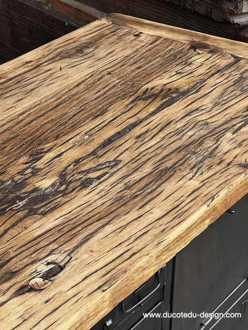 enfilade industrielle 6 compartiments 18 tiroirs atelier militaire plateau vieux chene massif – Image 16