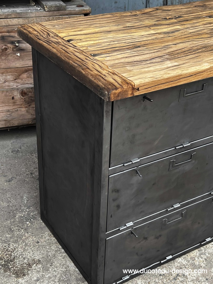 enfilade industrielle 6 compartiments 18 tiroirs atelier militaire plateau vieux chene massif – Image 20