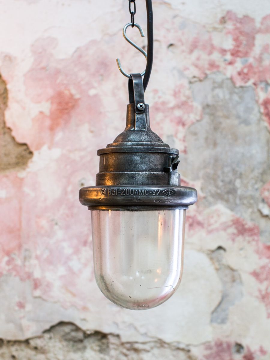 suspension metal et verre grande lampe ancienne industrielle – Image 2