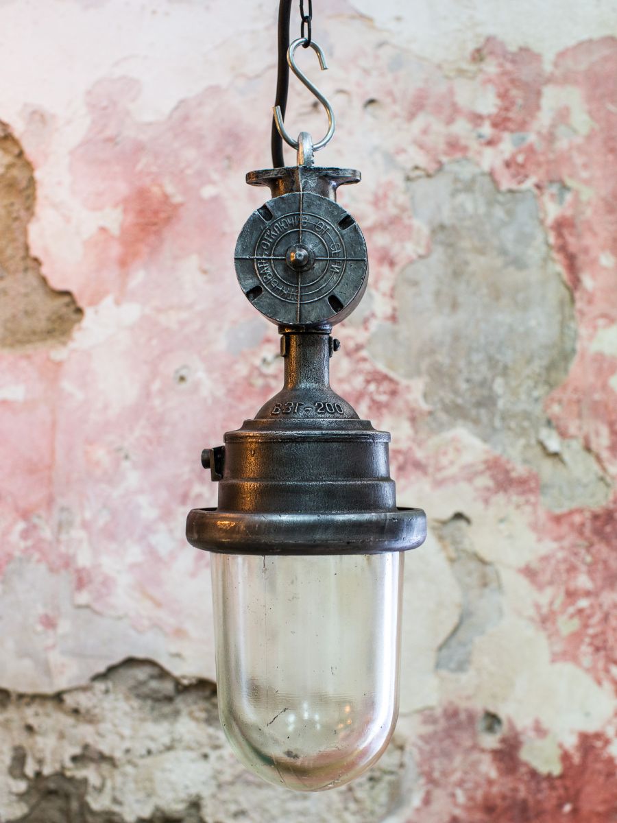 suspension metal et verre grande lampe ancienne industrielle – Image 2