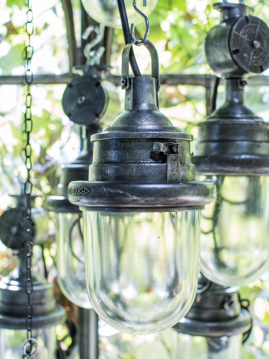 suspension metal et verre grande lampe ancienne industrielle – Image 7