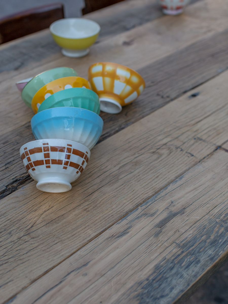 grande table industrielle plateau ancien chene massif pietement fonte – Image 15