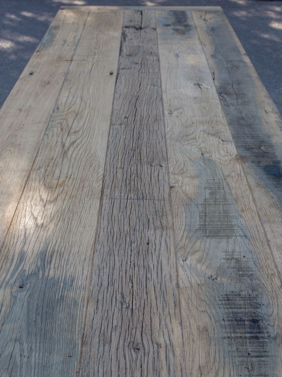 grande table industrielle plateau ancien chene massif pietement fonte – Image 7