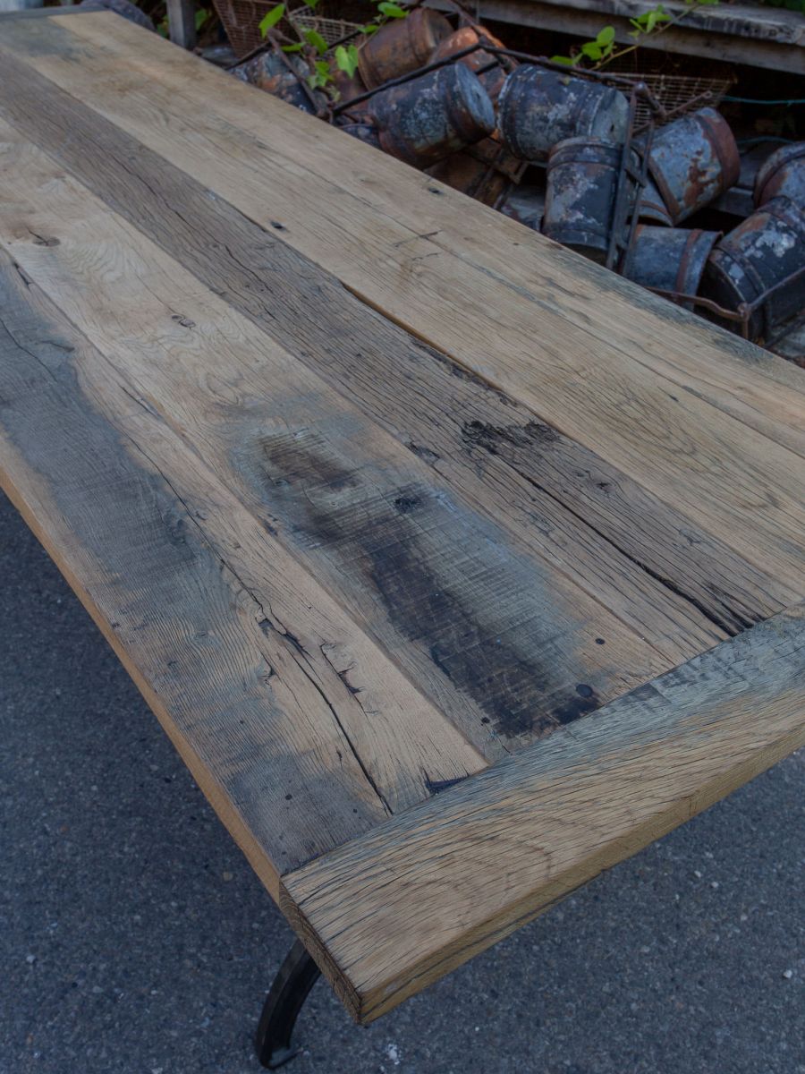 grande table industrielle plateau ancien chene massif pietement fonte – Image 8