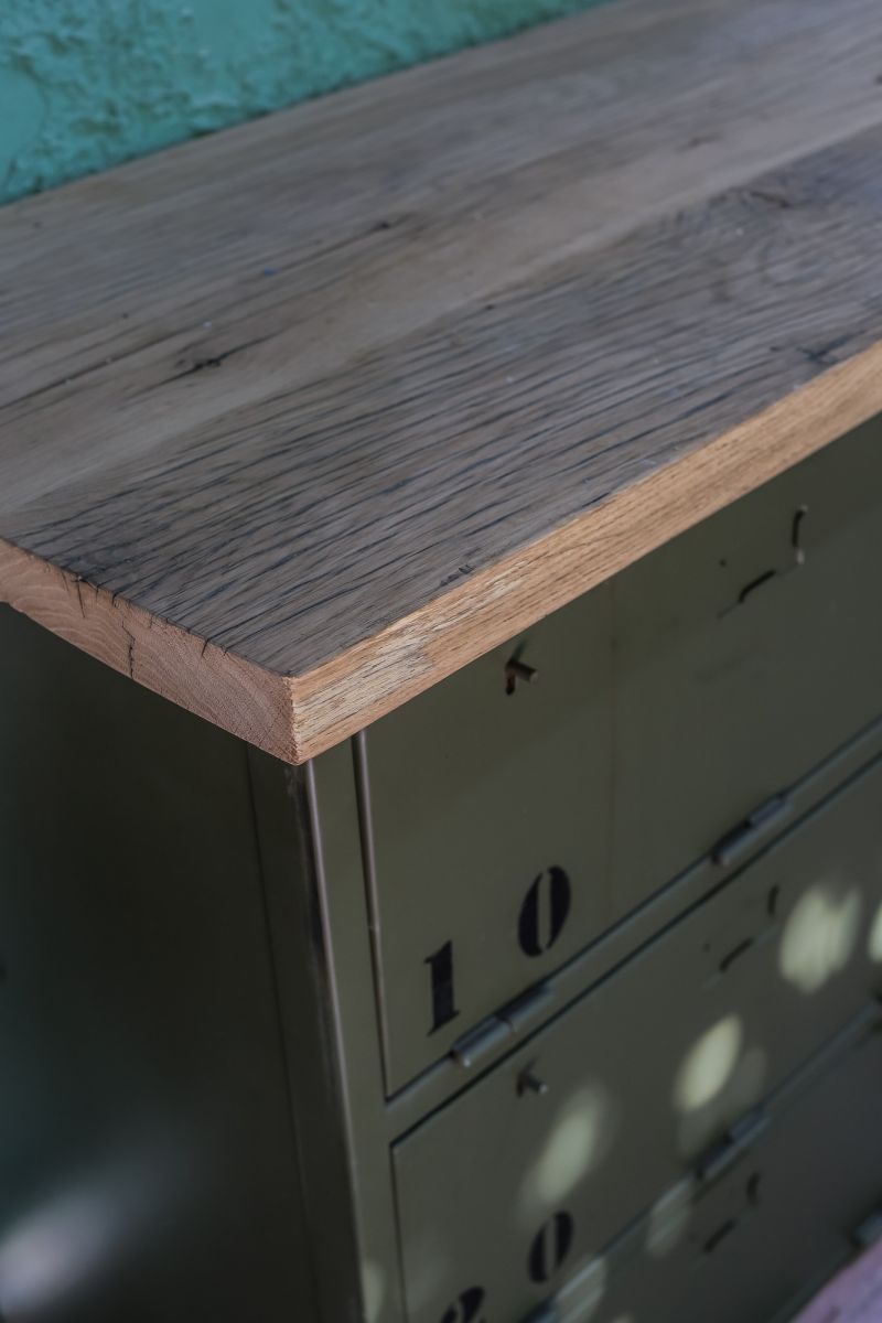 enfilade industrielle 12 compartiments atelier militaire plateau vieux chene massif – Image 4