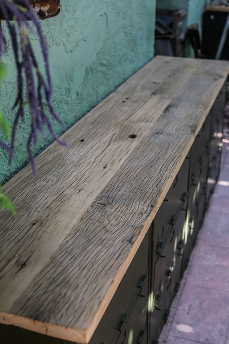 enfilade industrielle 12 compartiments atelier militaire plateau vieux chene massif – Image 10