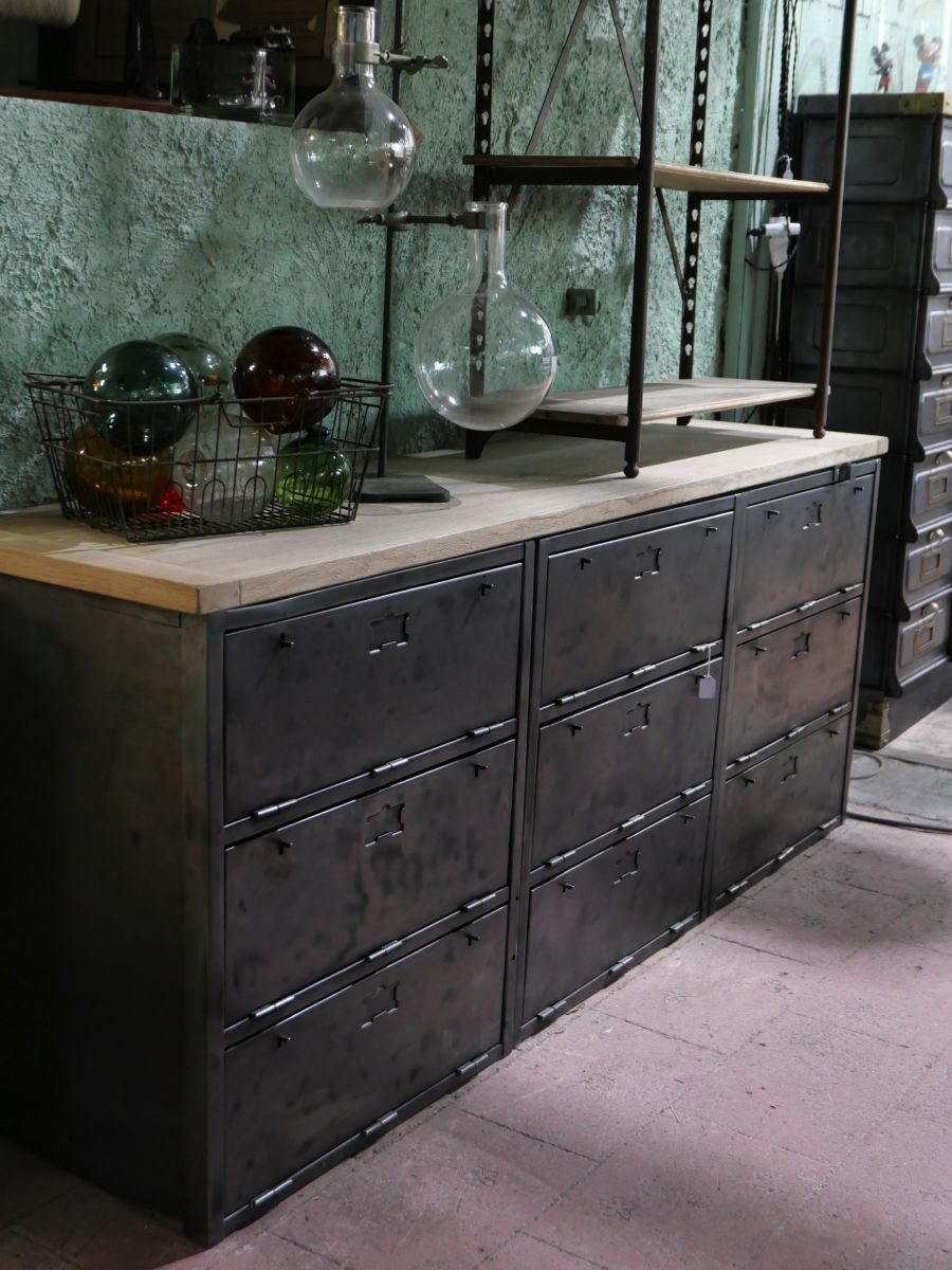 enfilade industrielle 9 compartiments atelier militaire plateau vieux chene massif – Image 17