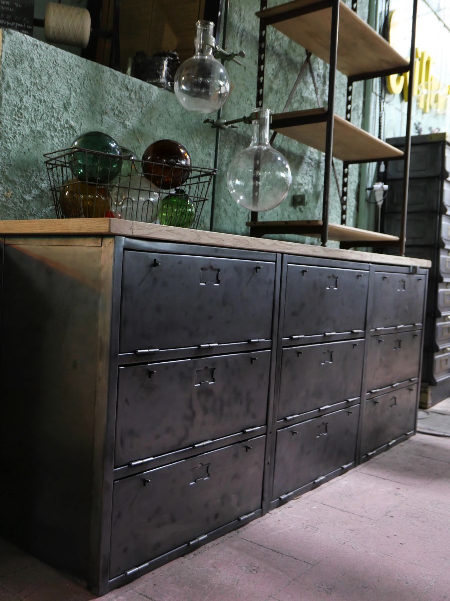 enfilade industrielle 9 compartiments atelier militaire plateau vieux chene massif – Image 2