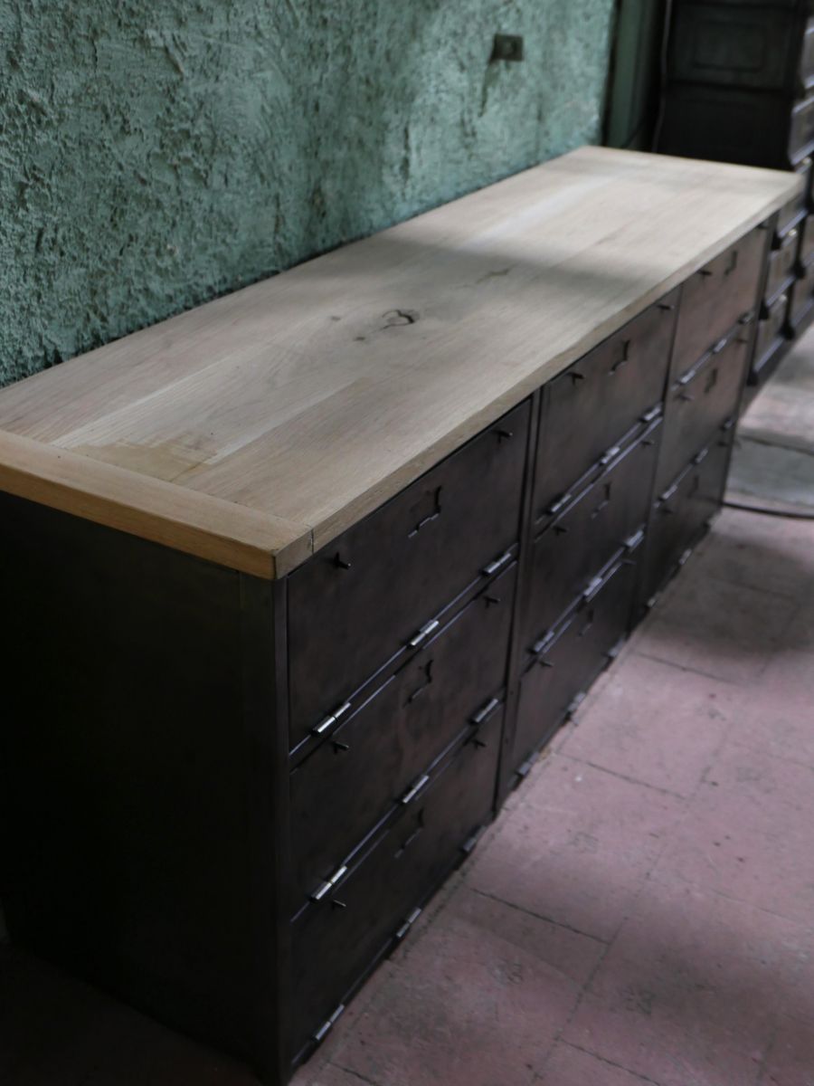 enfilade industrielle 9 compartiments atelier militaire plateau vieux chene massif – Image 6