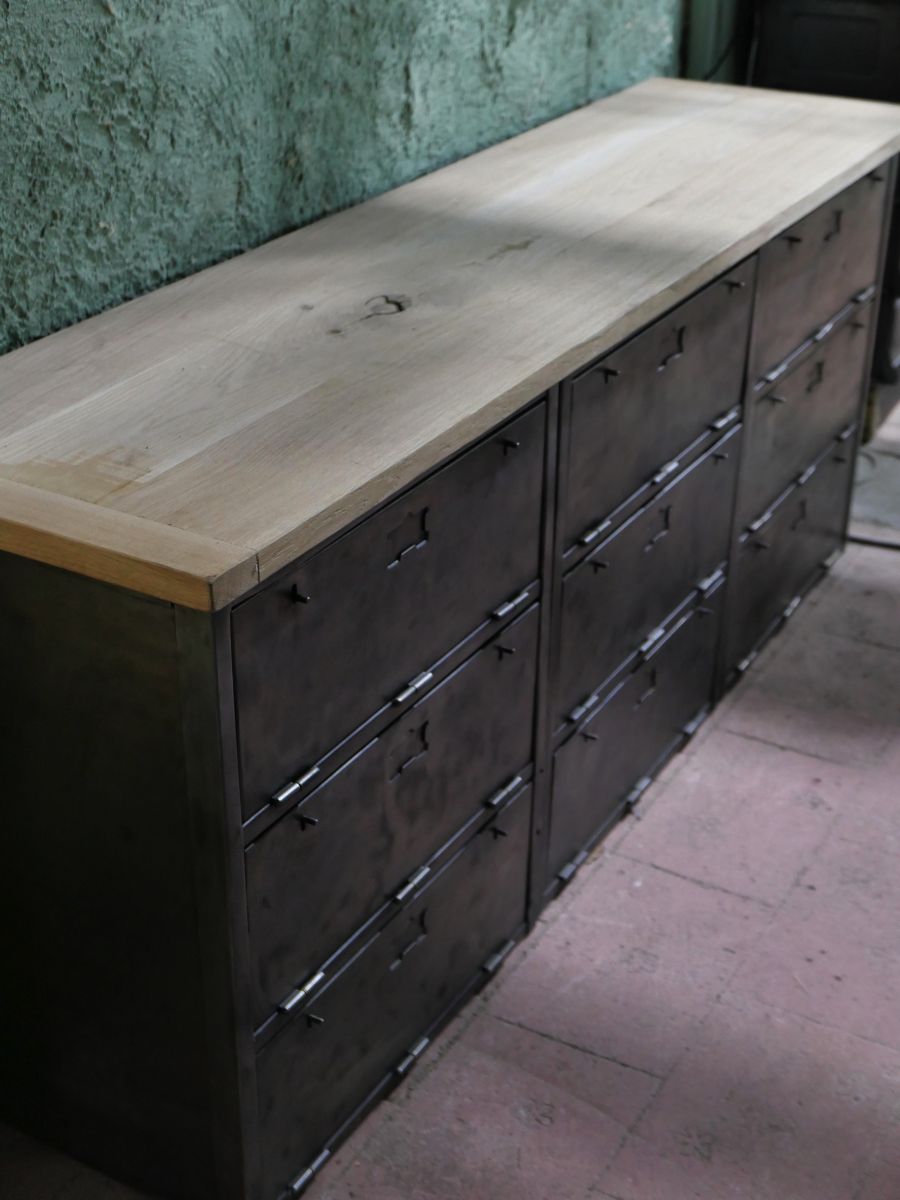 enfilade industrielle 9 compartiments atelier militaire plateau vieux chene massif – Image 9