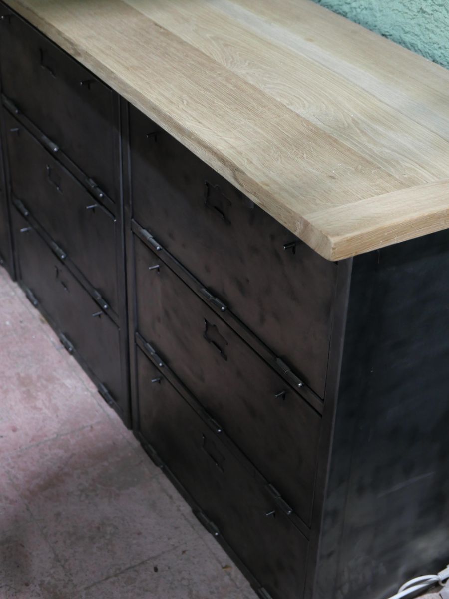 enfilade industrielle 9 compartiments atelier militaire plateau vieux chene massif – Image 10