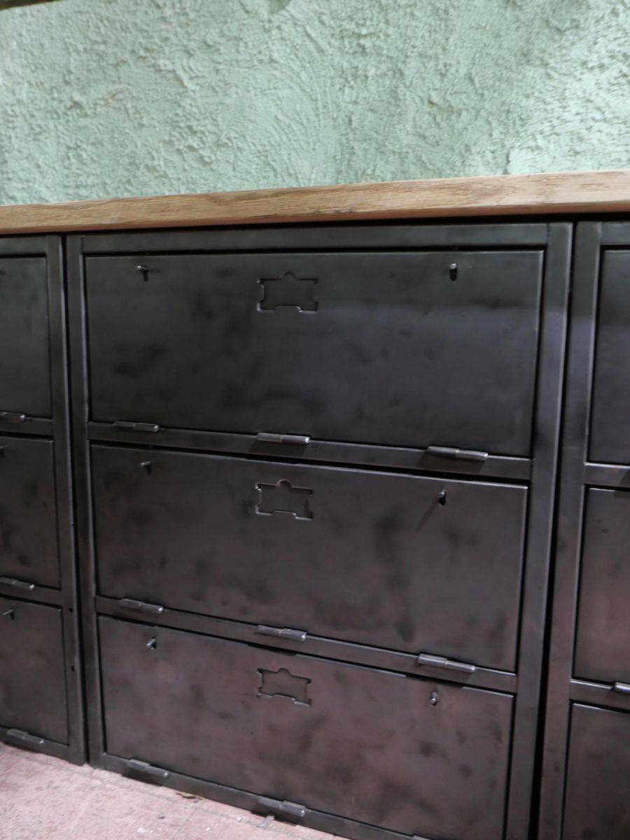 enfilade industrielle 9 compartiments atelier militaire plateau vieux chene massif – Image 12