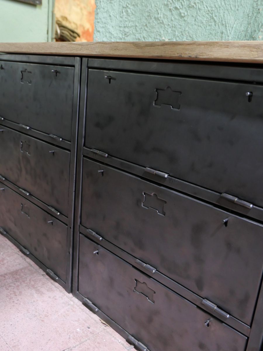 enfilade industrielle 9 compartiments atelier militaire plateau vieux chene massif – Image 13