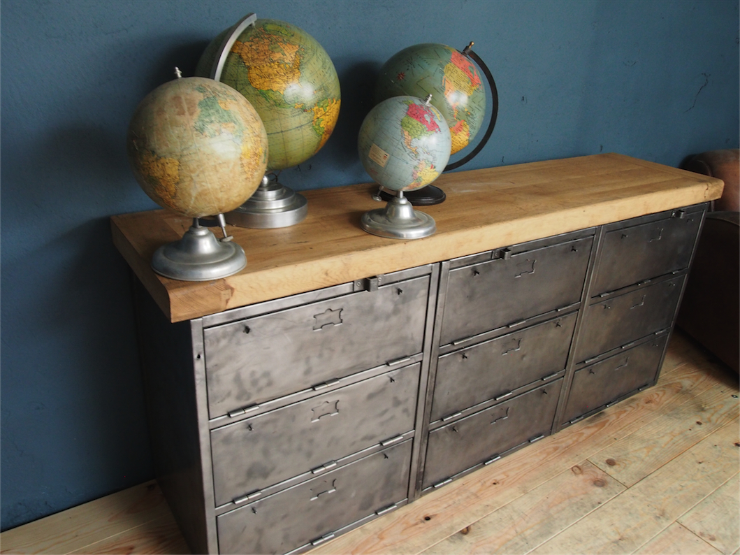 enfilade industrielle 9 compartiments atelier militaire plateau vieux chene massif – Image 4