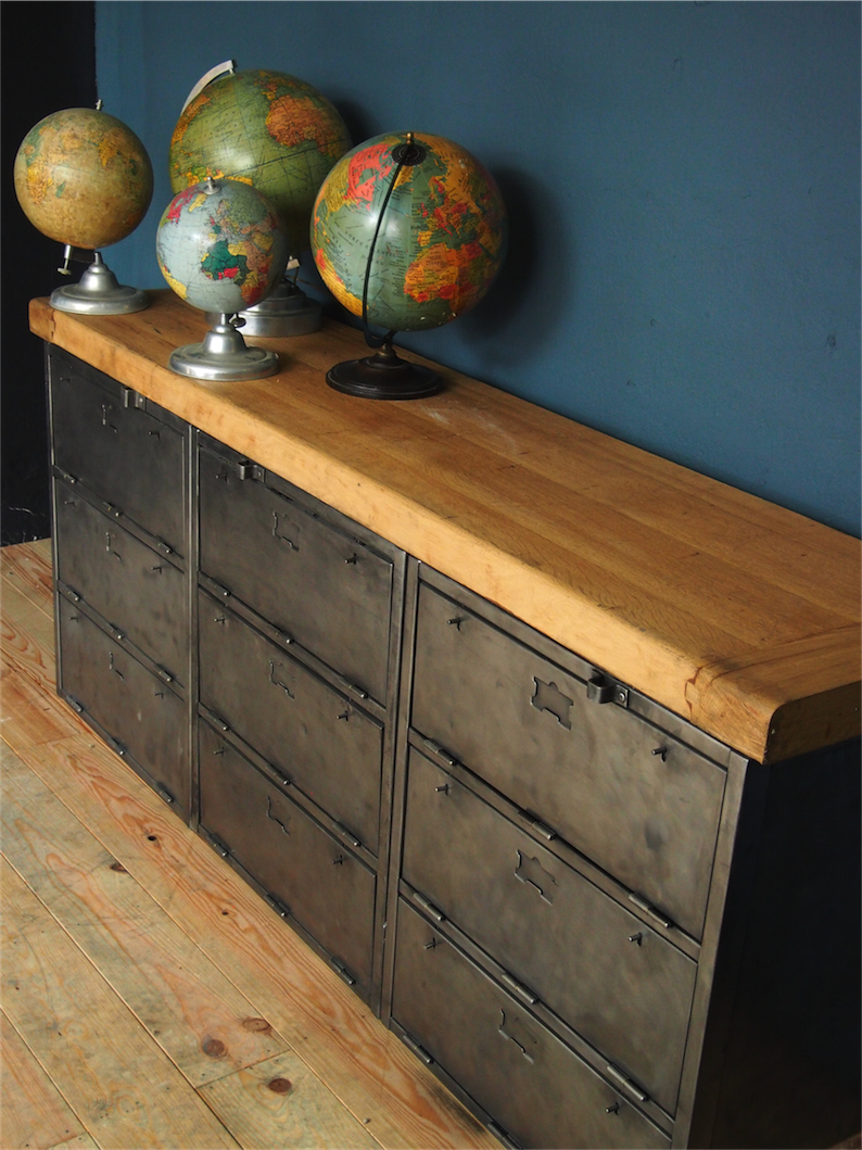 enfilade industrielle 9 compartiments atelier militaire plateau vieux chene massif – Image 10