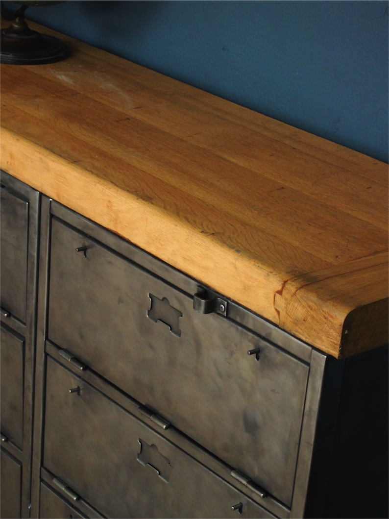 enfilade industrielle 9 compartiments atelier militaire plateau vieux chene massif – Image 11