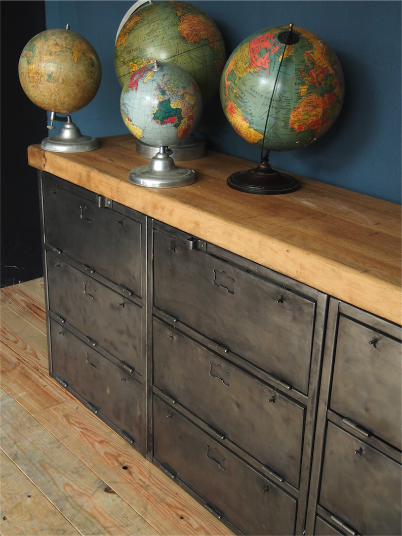 enfilade industrielle 9 compartiments atelier militaire plateau vieux chene massif – Image 13