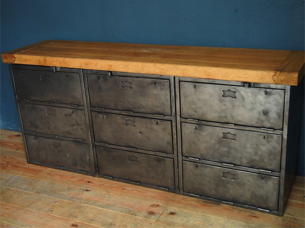 enfilade industrielle 9 compartiments atelier militaire plateau vieux chene massif – Image 16