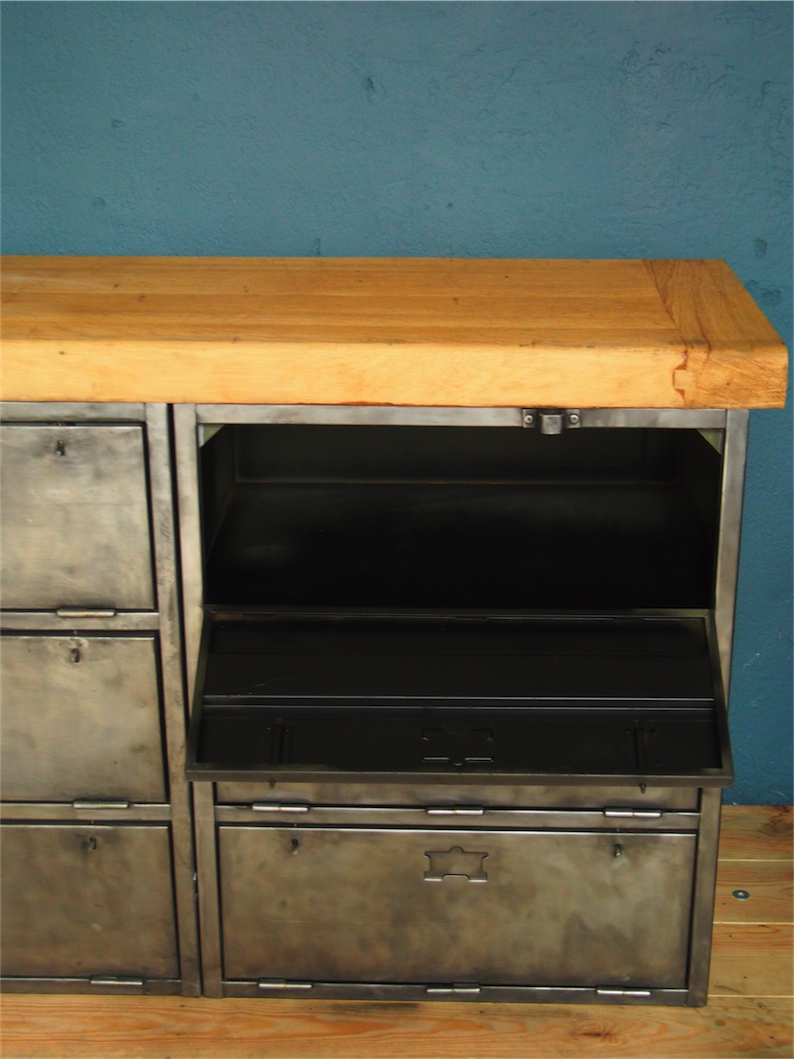 enfilade industrielle 9 compartiments atelier militaire plateau vieux chene massif – Image 17