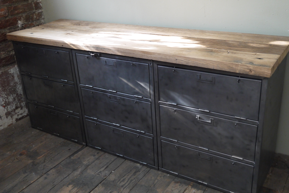 enfilade industrielle 9 compartiments atelier militaire plateau vieux chene massif – Image 4