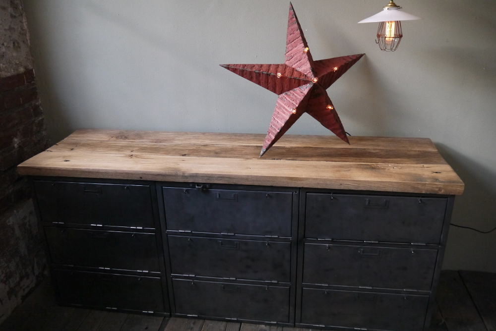 enfilade industrielle 9 compartiments atelier militaire plateau vieux chene massif – Image 11