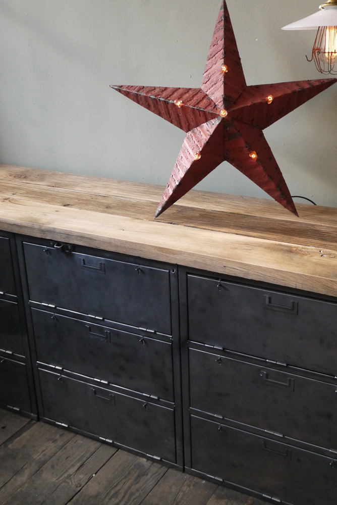 enfilade industrielle 9 compartiments atelier militaire plateau vieux chene massif – Image 12