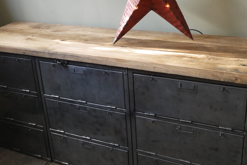 enfilade industrielle 9 compartiments atelier militaire plateau vieux chene massif – Image 14