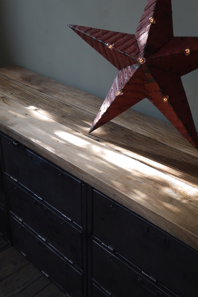 enfilade industrielle 9 compartiments atelier militaire plateau vieux chene massif – Image 15