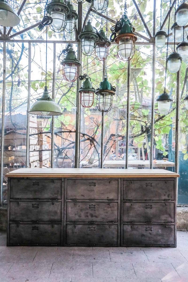 enfilade industrielle 9 compartiments atelier militaire plateau vieux chene massif – Image 2