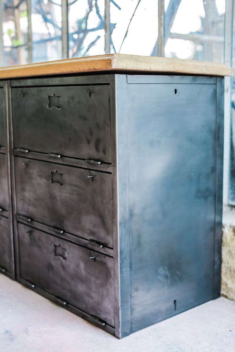 enfilade industrielle 9 compartiments atelier militaire plateau vieux chene massif – Image 5