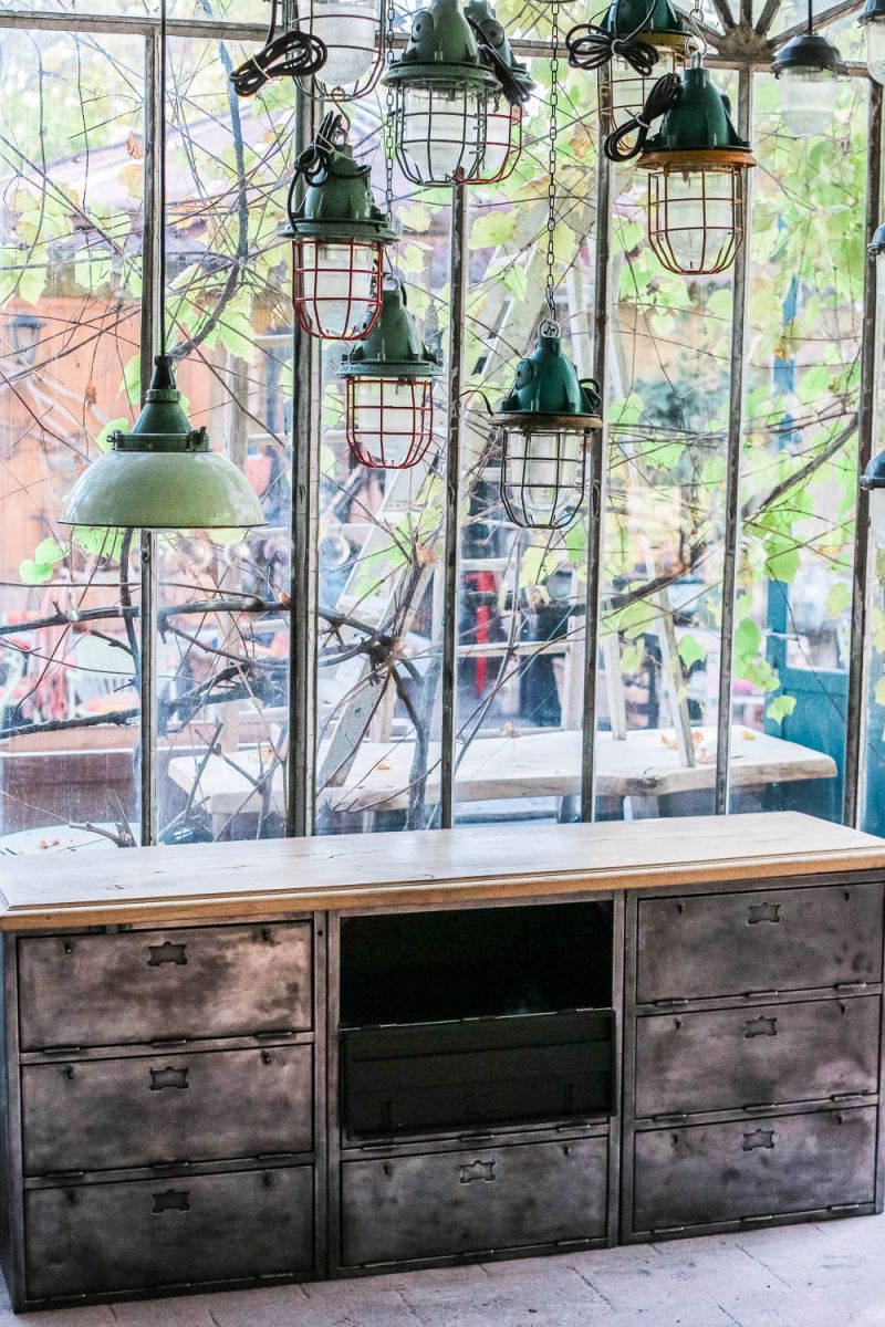 enfilade industrielle 9 compartiments atelier militaire plateau vieux chene massif – Image 16