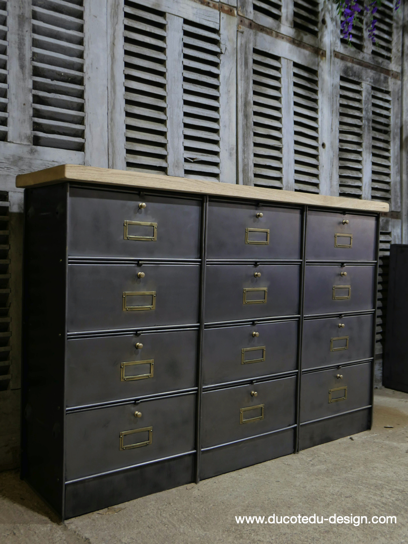 meuble console 12 casiers industriel clapet Roneo plateau chene massif – Image 4