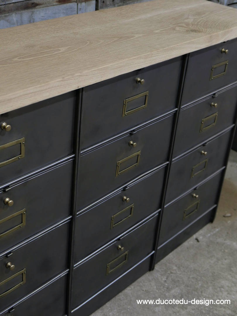 meuble console 12 casiers industriel clapet Roneo plateau chene massif – Image 7