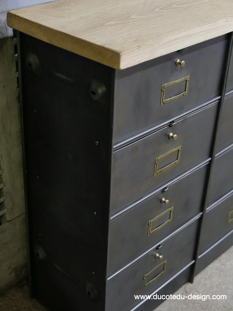 meuble console 12 casiers industriel clapet Roneo plateau chene massif – Image 12