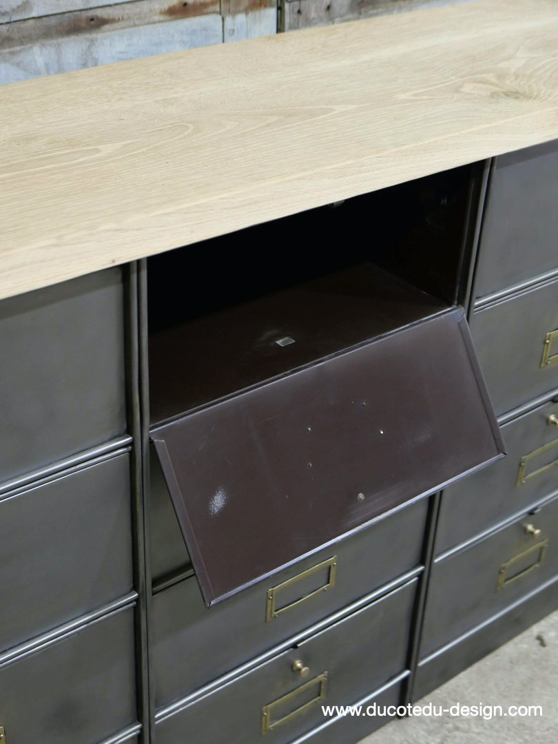 meuble console 12 casiers industriel clapet Roneo plateau chene massif – Image 14