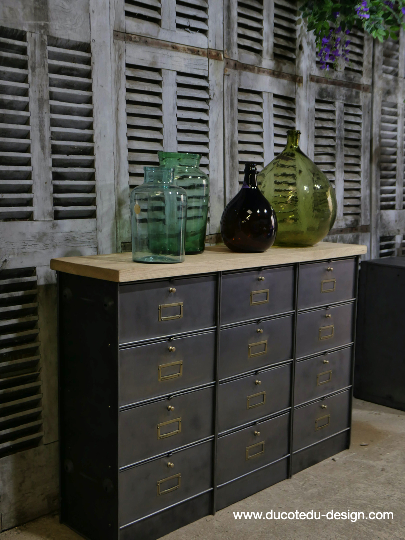 meuble console 12 casiers industriel clapet Roneo plateau chene massif – Image 2