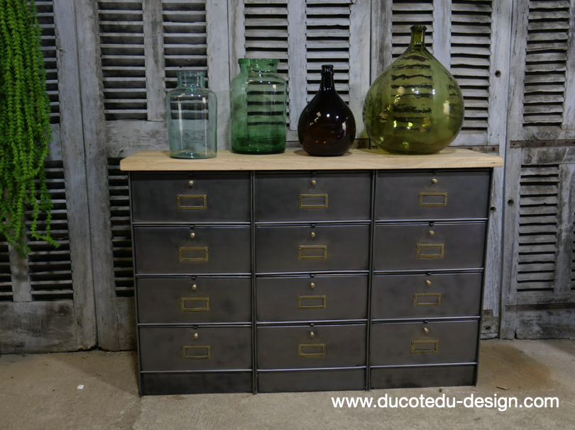 meuble console 12 casiers industriel clapet Roneo plateau chene massif – Image 3