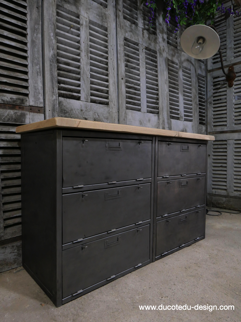 meuble militaire console métal plateau bois 6 tiroirs – Image 3