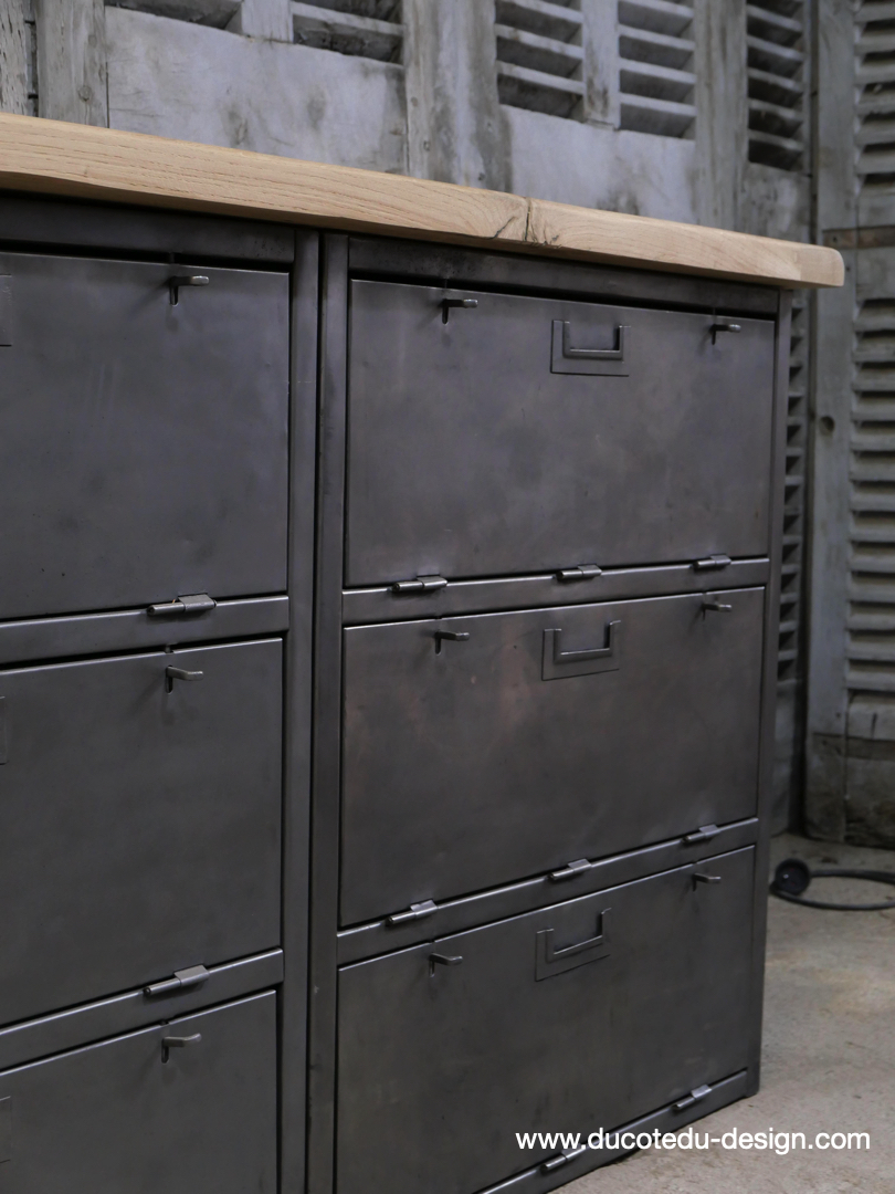 meuble militaire console métal plateau bois 6 tiroirs – Image 4