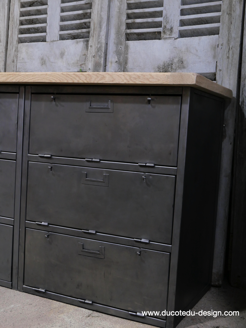 meuble militaire console métal plateau bois 6 tiroirs – Image 5