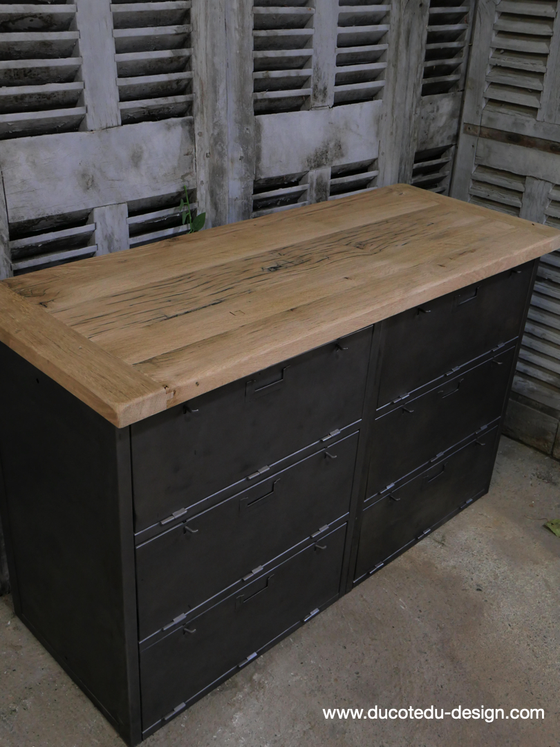 meuble militaire console métal plateau bois 6 tiroirs – Image 6