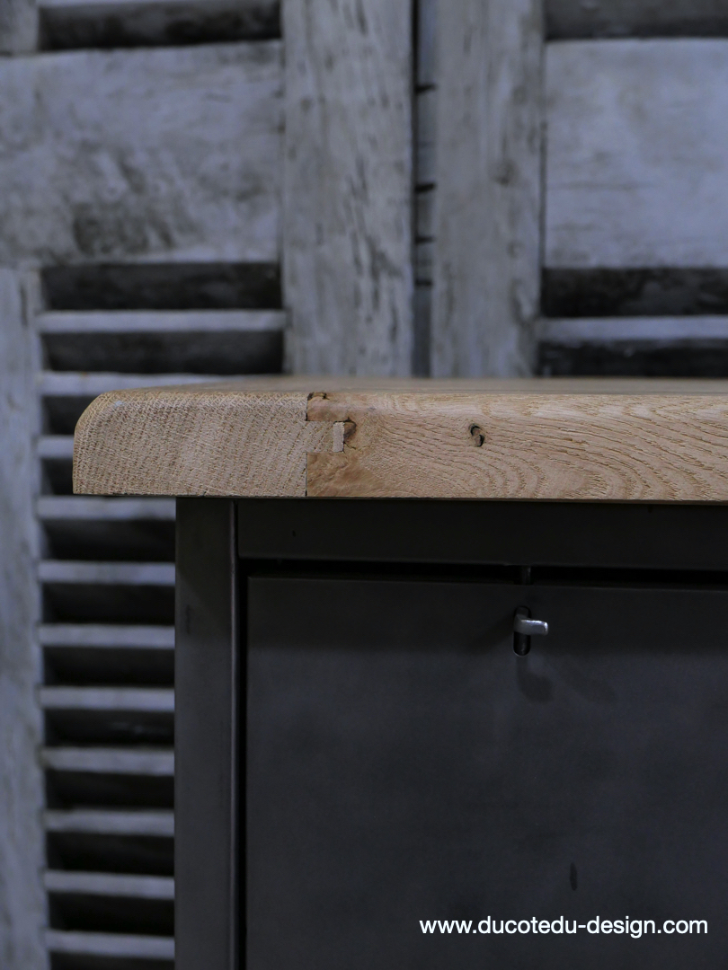 meuble militaire console métal plateau bois 6 tiroirs – Image 12