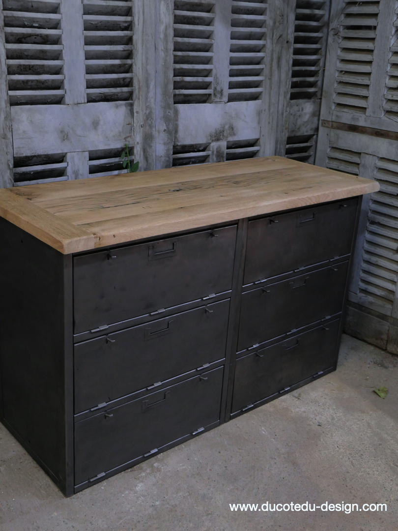 meuble militaire console métal plateau bois 6 tiroirs – Image 13