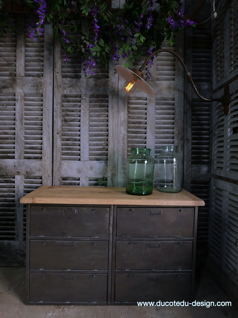 meuble militaire console métal plateau bois 6 tiroirs – Image 2