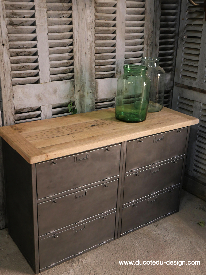 meuble militaire console métal plateau bois 6 tiroirs – Image 15