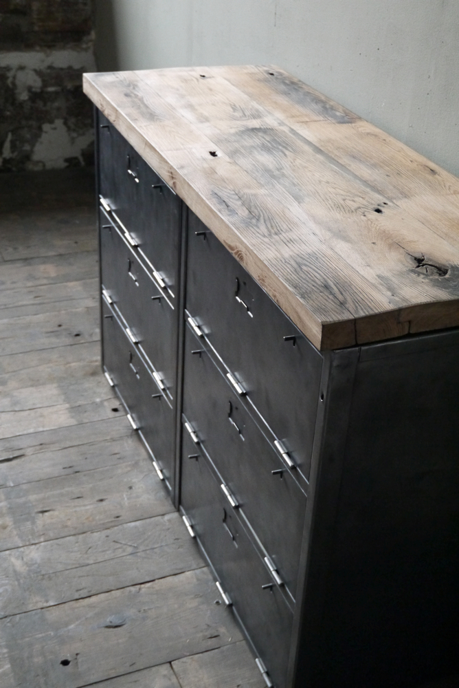 enfilade industrielle 6 compartiments atelier militaire plateau vieux chene massif – Image 3