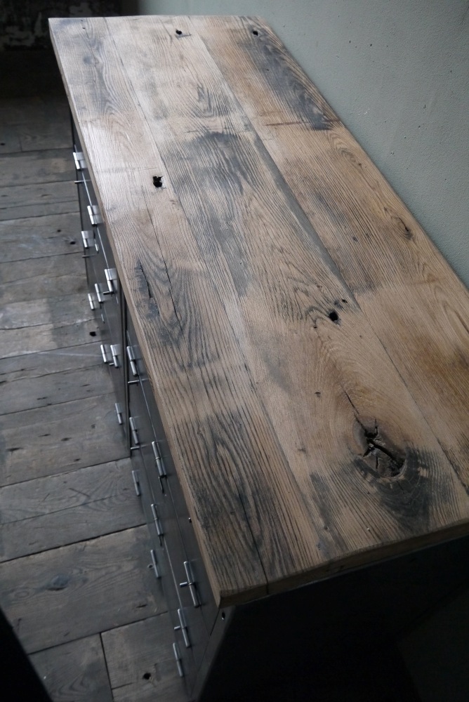 enfilade industrielle 6 compartiments atelier militaire plateau vieux chene massif – Image 10