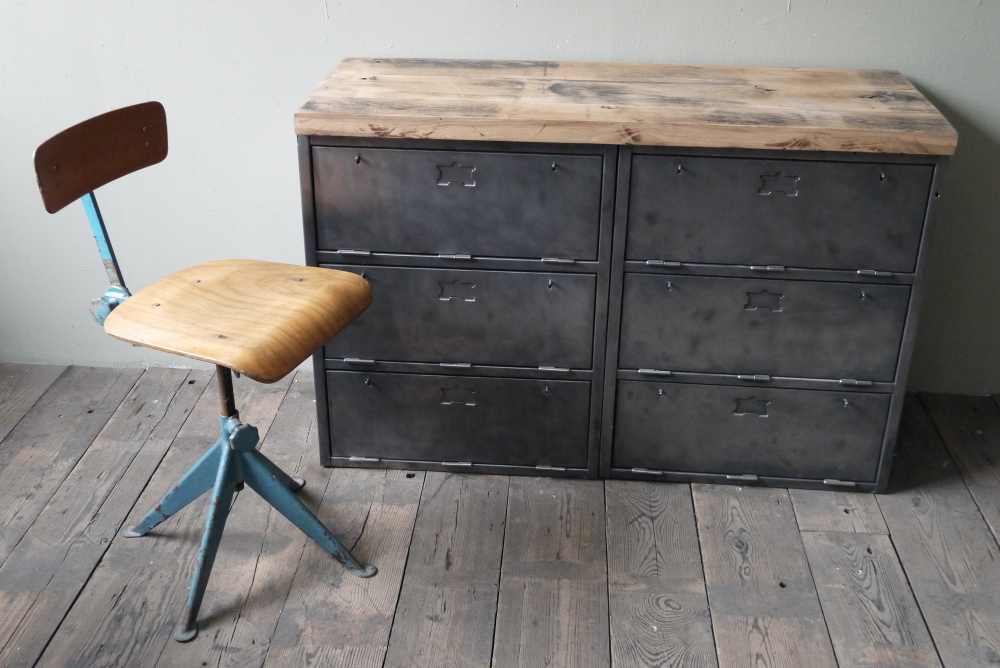 enfilade industrielle 6 compartiments atelier militaire plateau vieux chene massif – Image 11